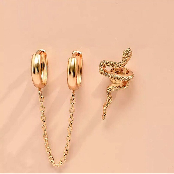 ⚜️[𝟯/$𝟭𝟴]⚜️Gold Snake Double Hoop Chained Earrings Set NEW - Picture 4 of 5